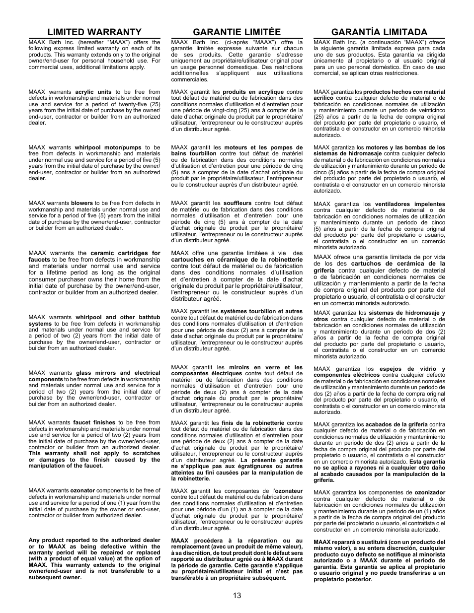 Limited warranty, Garantie limitée, Garantía limitada | MAAX URBAN User Manual | Page 13 / 16