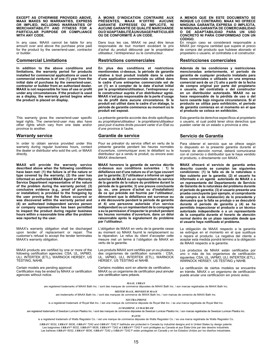 Commercial limitations, Warranty service, Restrictions commerciales | Garantie de service, Restricciones comerciales, Servicio de garantía | MAAX URBAN User Manual | Page 15 / 16