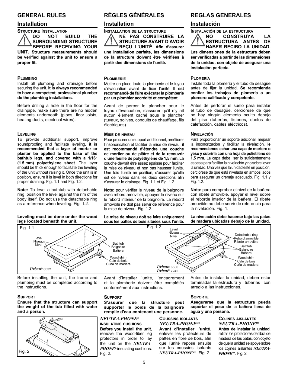 General rules installation, Règles générales installation, Reglas generales instalación | MAAX URBAN User Manual | Page 5 / 16