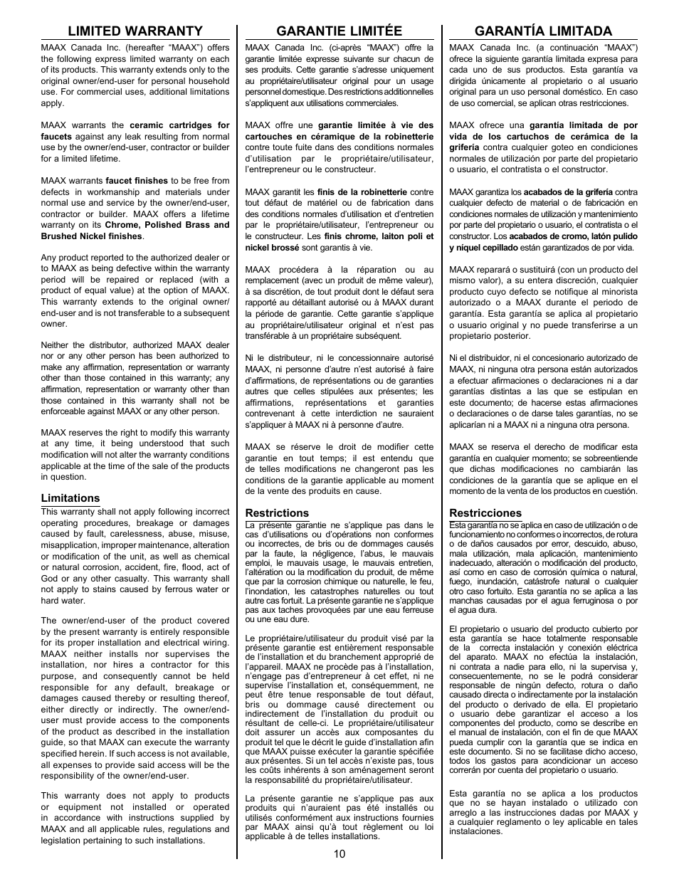 Limited warranty, Garantie limitée, Garantía limitada | MAAX MOMENT 5830 User Manual | Page 10 / 12