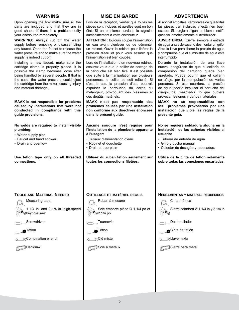 Warning, Mise en garde, Advertencia | MAAX MOMENT 5830 User Manual | Page 5 / 12