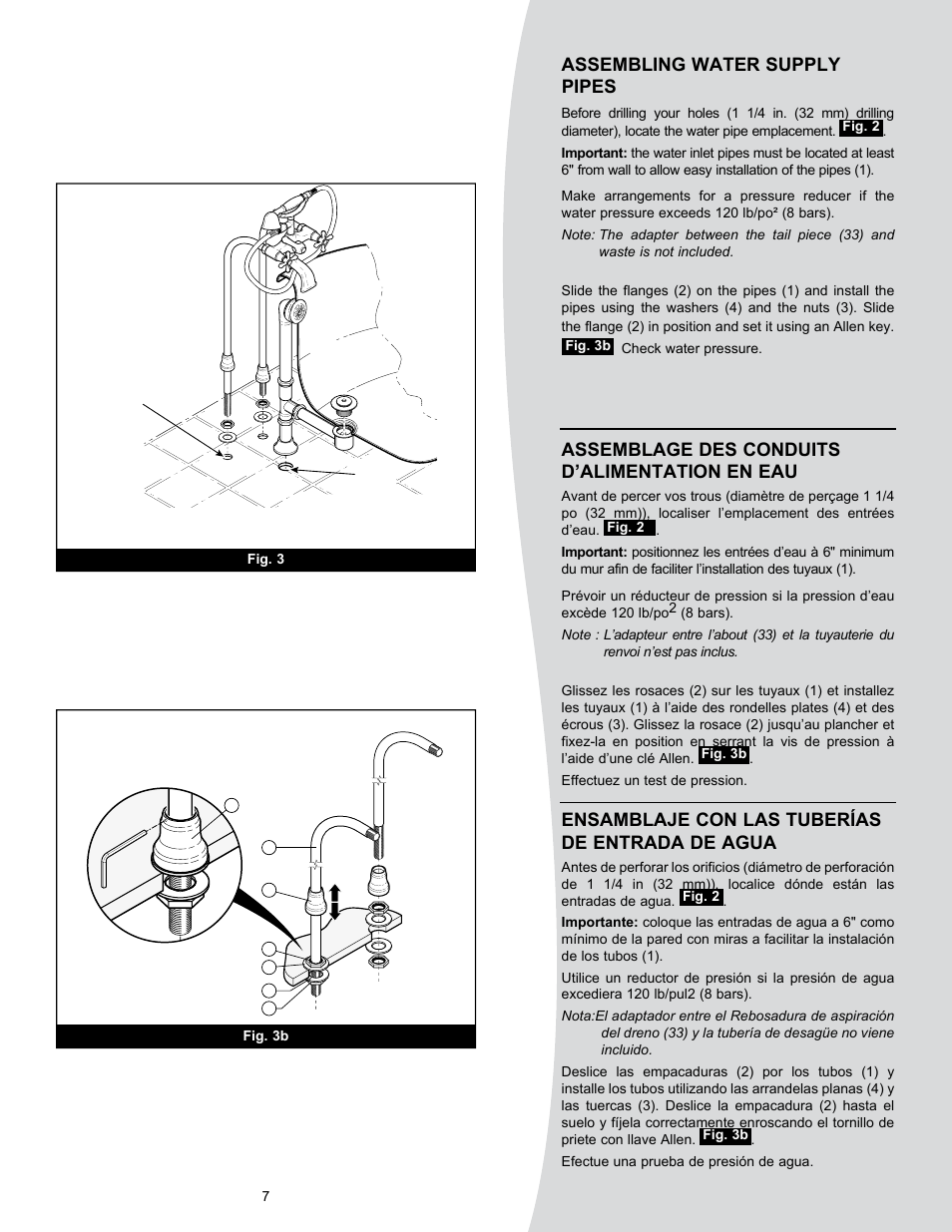 Assembling water supply pipes, Assemblage des conduits d’alimentation en eau, Ensamblaje con las tuberías de entrada de agua | MAAX MOMENT 5830 User Manual | Page 7 / 12