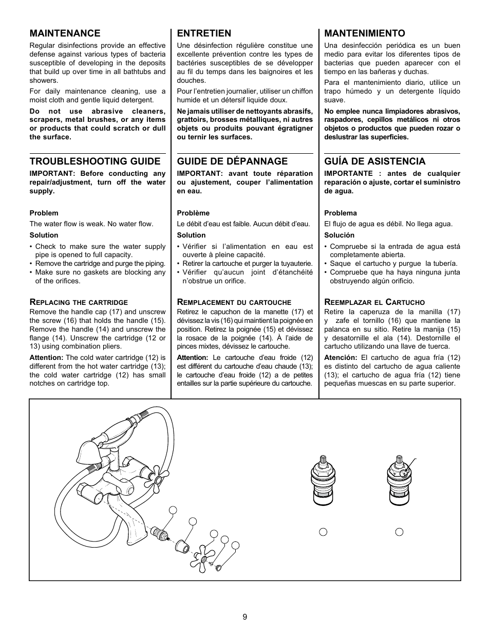 Maintenance, Troubleshooting guide, Entretien | Guide de dépannage, Mantenimiento, Guía de asistencia | MAAX MOMENT 5830 User Manual | Page 9 / 12