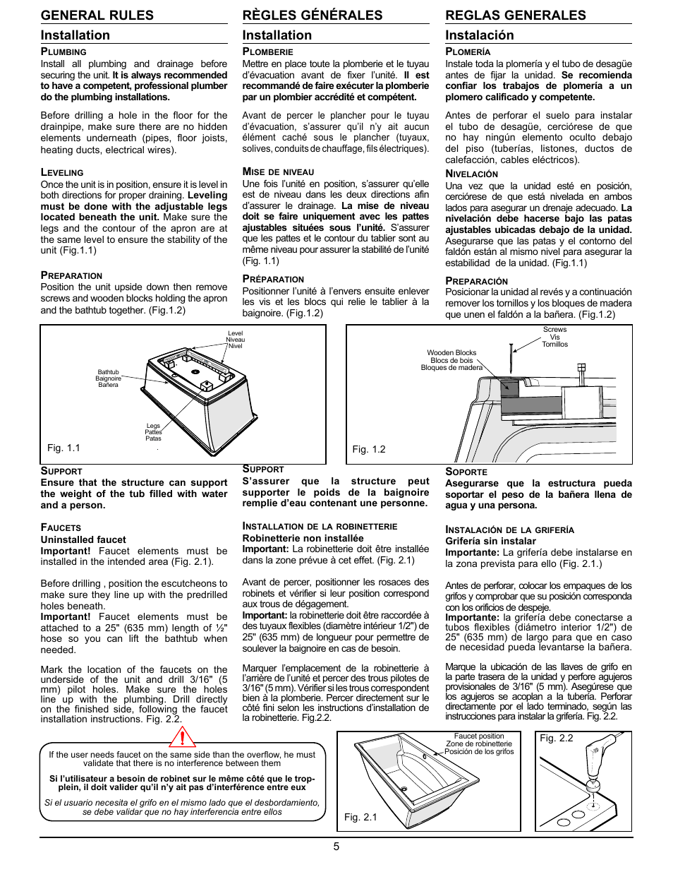 General rules installation, Règles générales installation, Reglas generales instalación | MAAX OPTIK 6032 F User Manual | Page 5 / 12