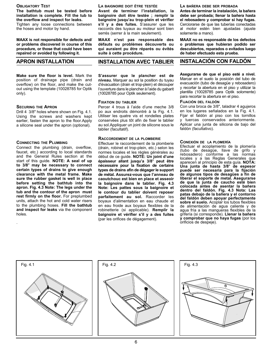 Apron installation, Installation avec tablier, Instalación con faldón | MAAX OPTIK 6032 F User Manual | Page 6 / 12