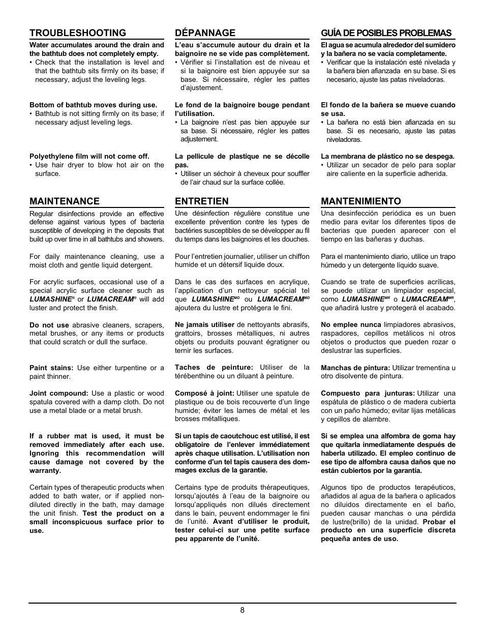Troubleshooting, Maintenance, Dépannage | Entretien, Mantenimiento | MAAX OPTIK 6032 F User Manual | Page 8 / 12