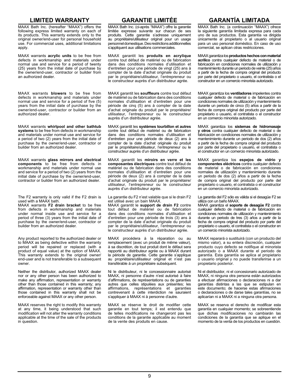 Limited warranty, Garantie limitée, Garantía limitada | MAAX OPTIK 6032 F User Manual | Page 9 / 12