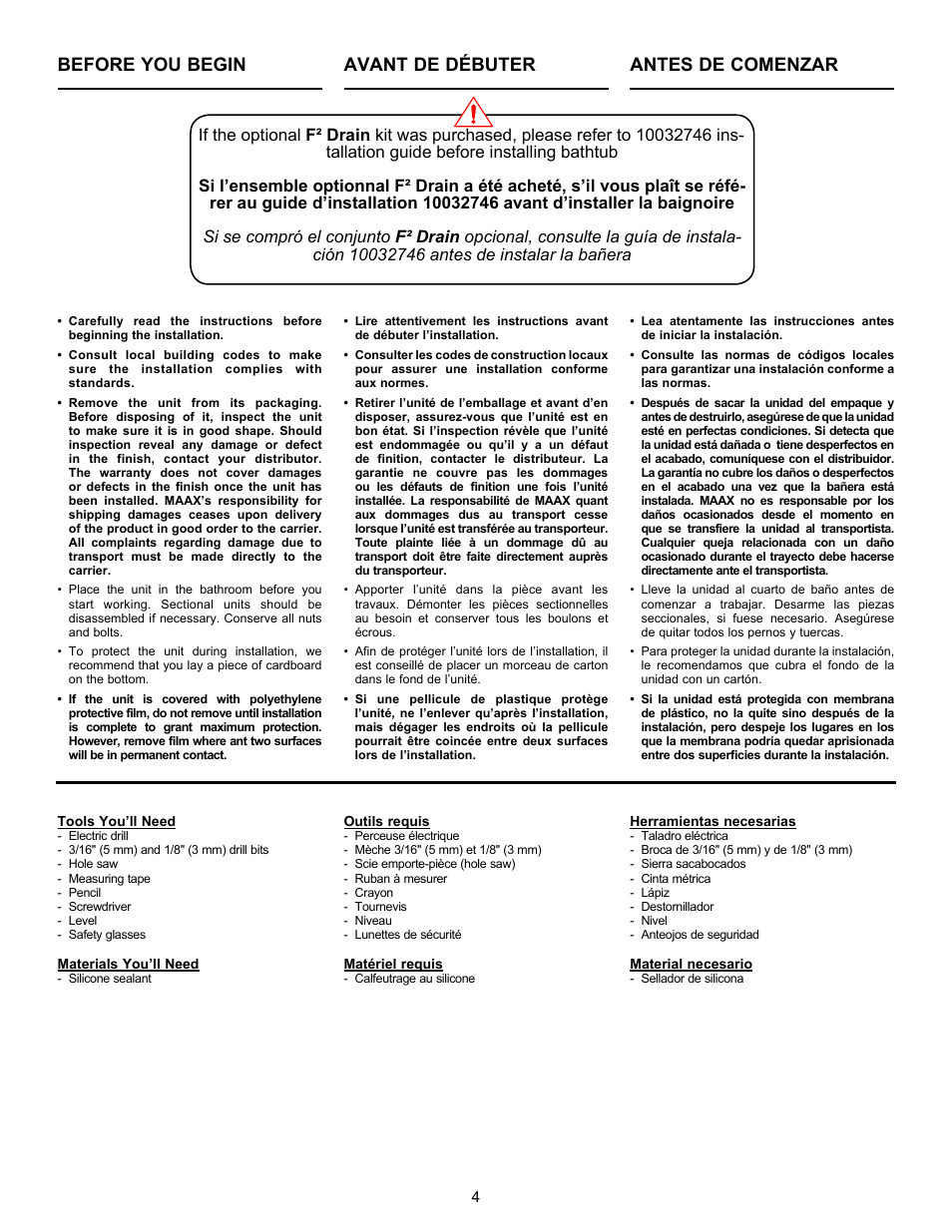 Before you begin, Avant de débuter, Antes de comenzar | MAAX REVERIE F User Manual | Page 4 / 12