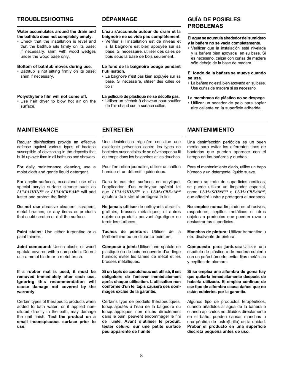 Maintenance, Entretien, Mantenimiento | Troubleshooting, Dépannage, Guía de posibles problemas | MAAX REVERIE F User Manual | Page 8 / 12
