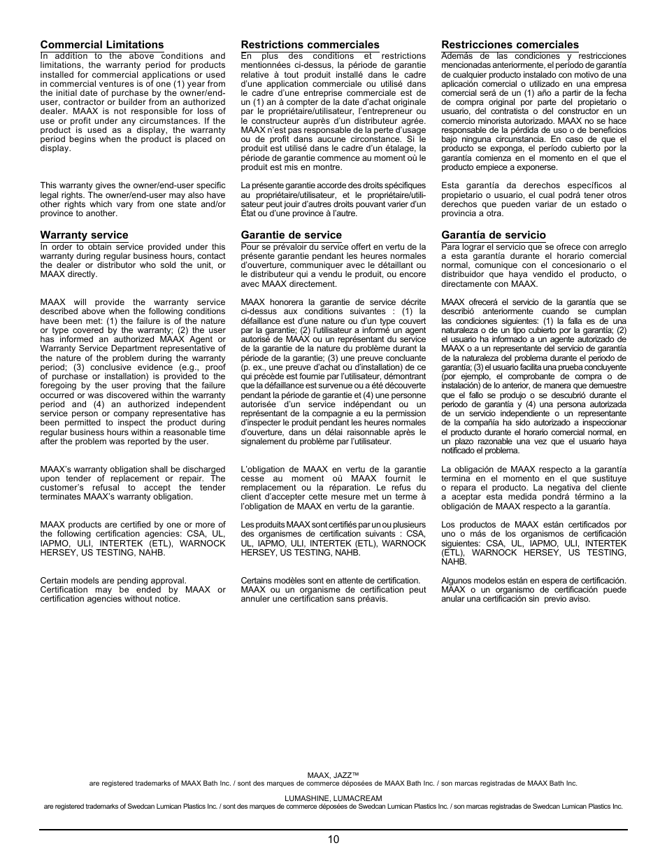 MAAX JAZZ F User Manual | Page 10 / 12
