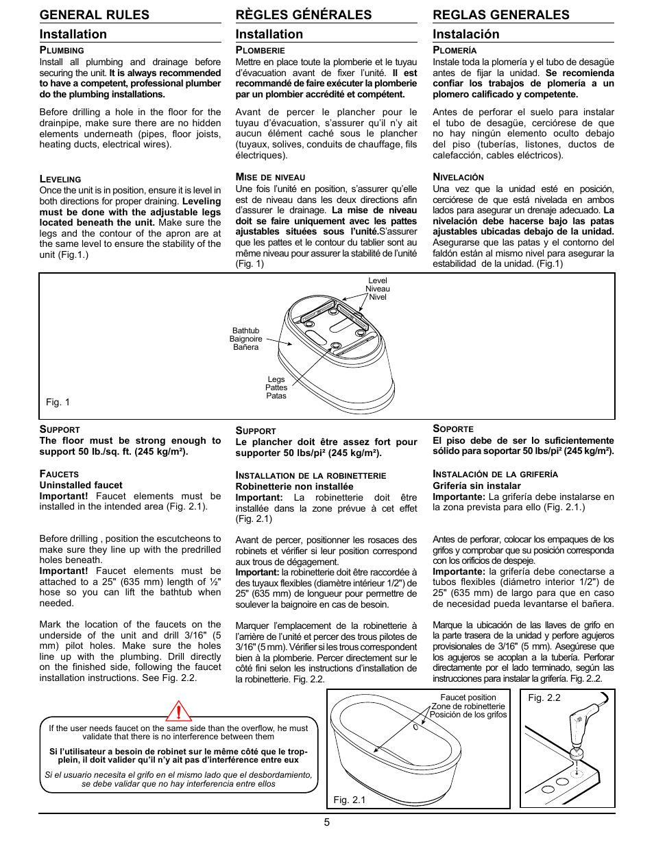 Règles générales installation, Reglas generales instalación, General rules installation | MAAX JAZZ F User Manual | Page 5 / 12