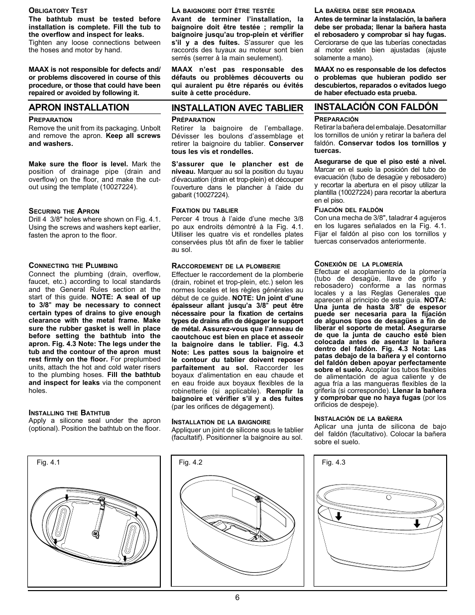 Apron installation, Installation avec tablier, Instalación con faldón | MAAX JAZZ F User Manual | Page 6 / 12