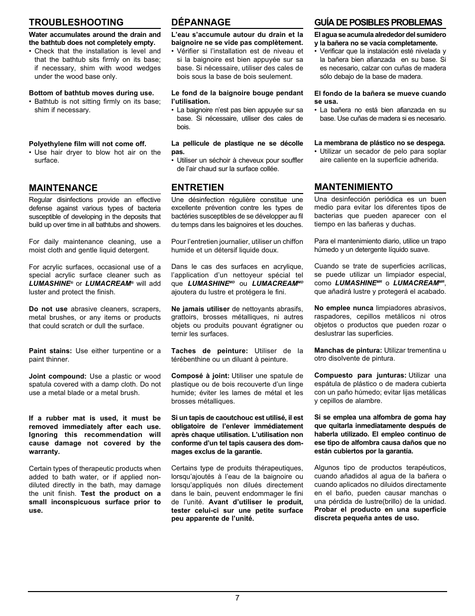Troubleshooting, Maintenance, Dépannage | Entretien, Mantenimiento | MAAX JAZZ F User Manual | Page 7 / 12