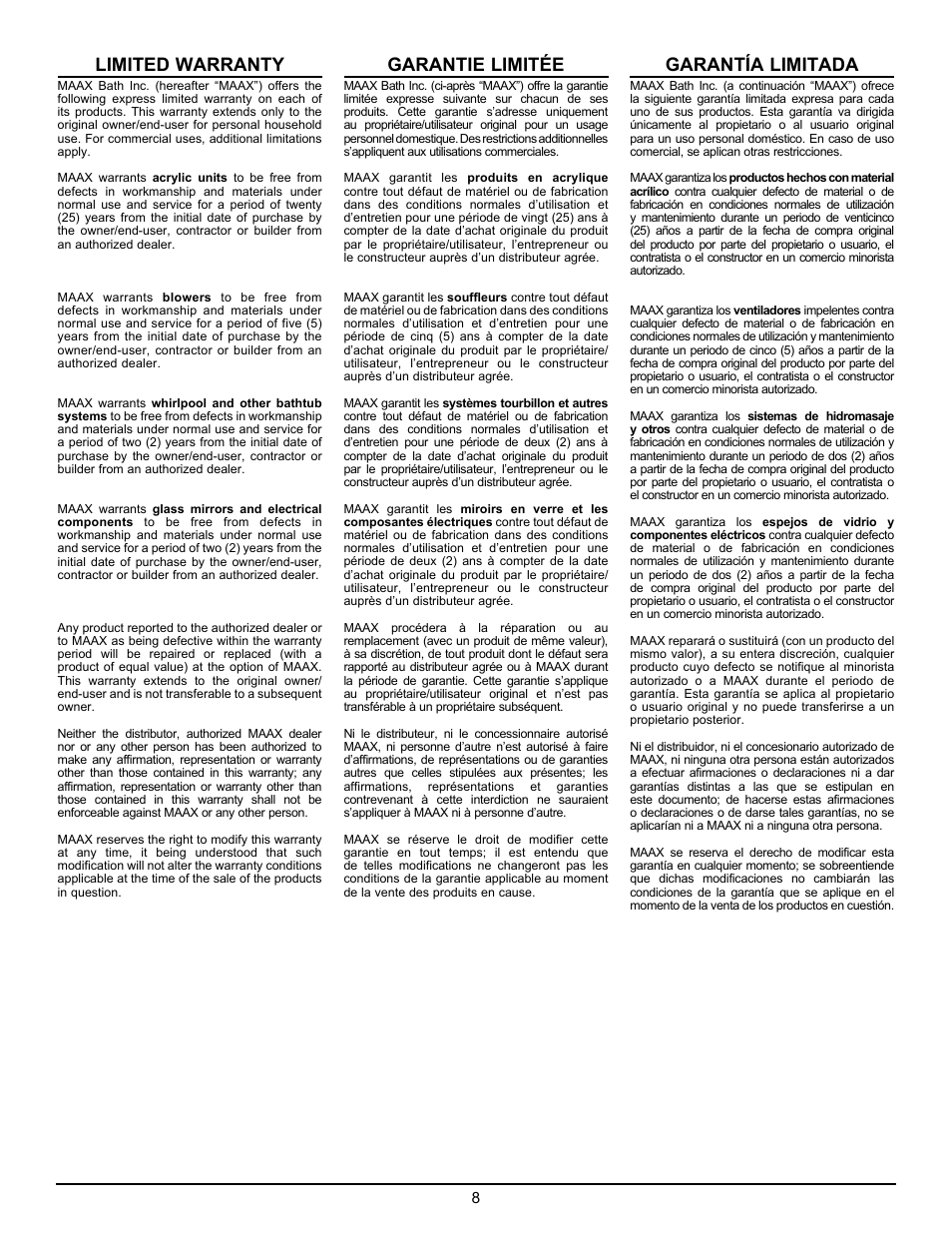 Limited warranty, Garantie limitée, Garantía limitada | MAAX JAZZ F User Manual | Page 8 / 12