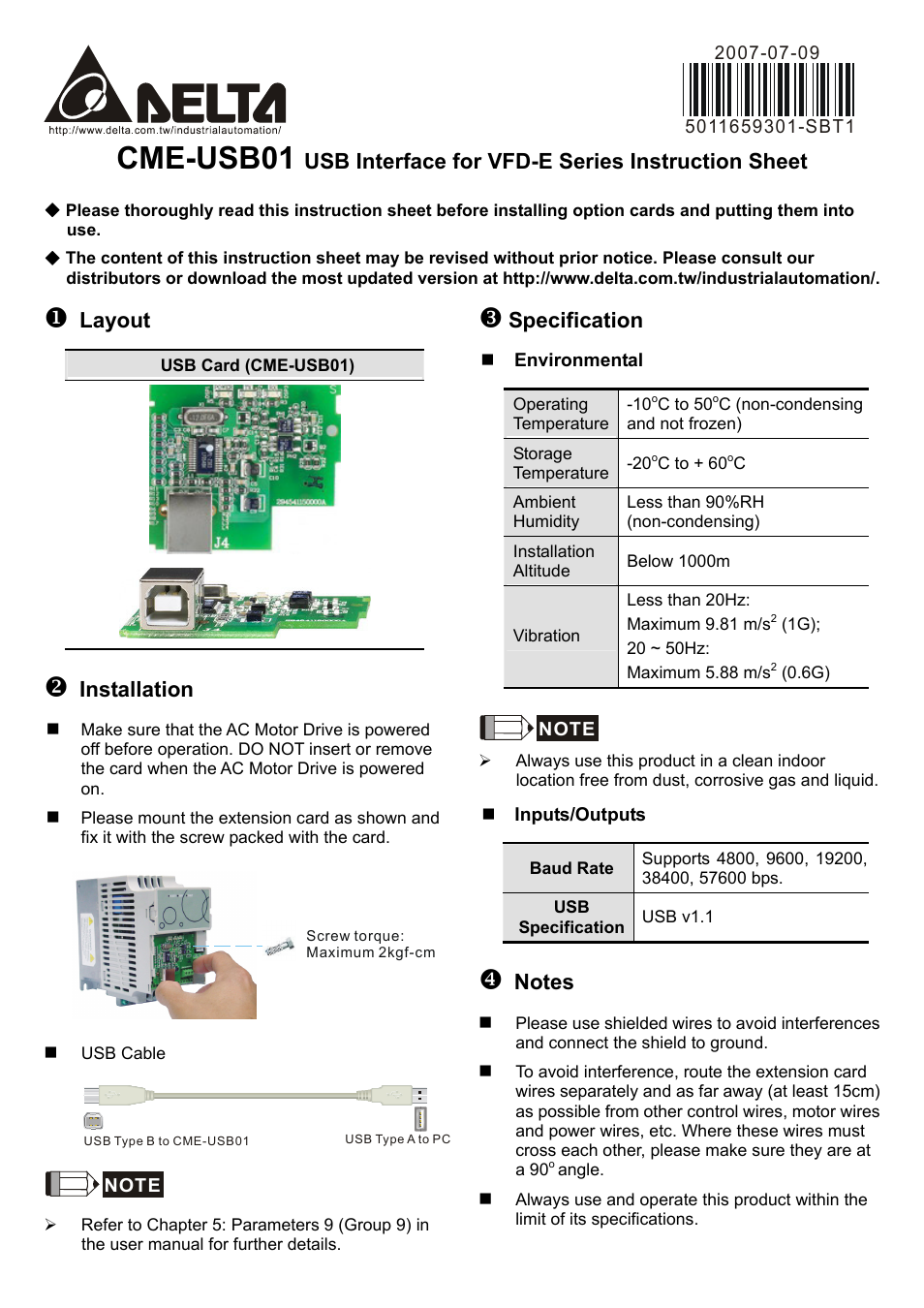 Delta Electronics USB Interface CME-USB01 User Manual | 2 pages