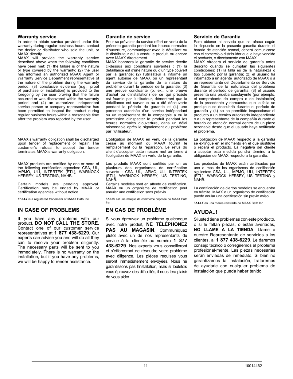 En cas de problème, Ayuda | MAAX 59 PANAMA User Manual | Page 11 / 12