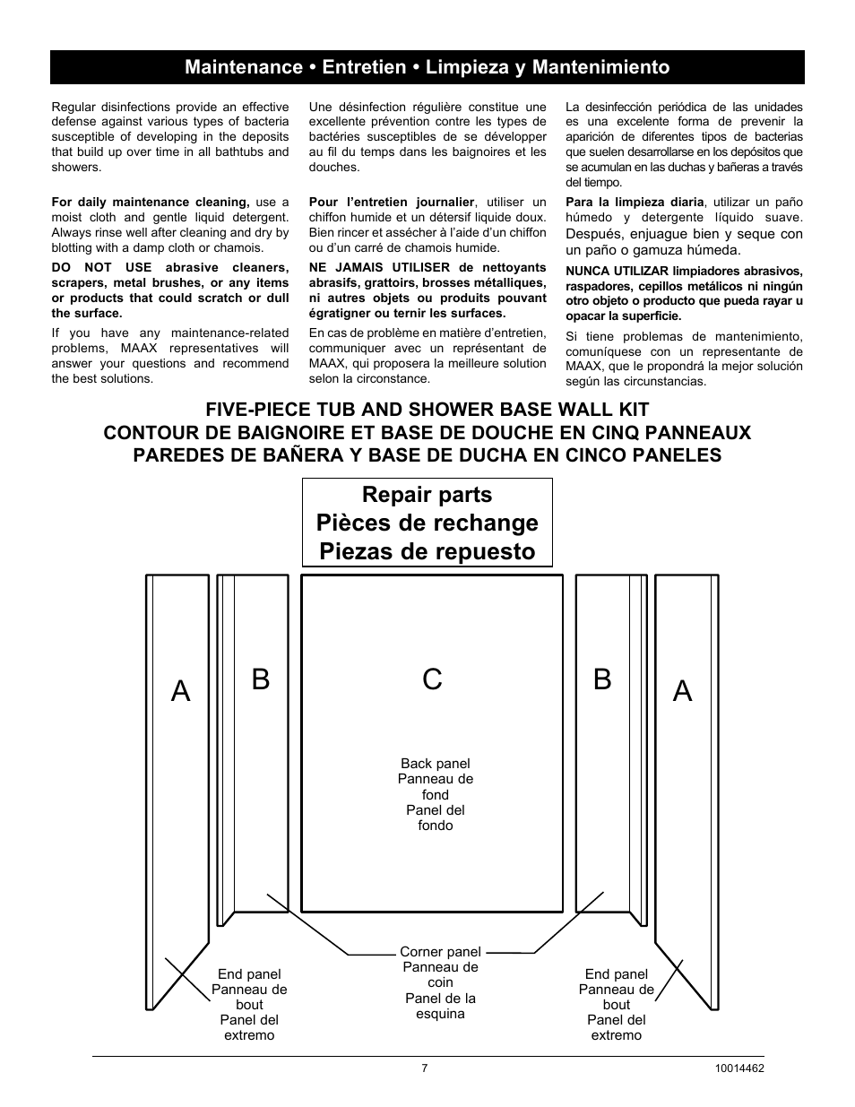 Ab b c, Pièces de rechange piezas de repuesto, Repair parts | Maintenance • entretien • limpieza y mantenimiento | MAAX 59 PANAMA User Manual | Page 7 / 12