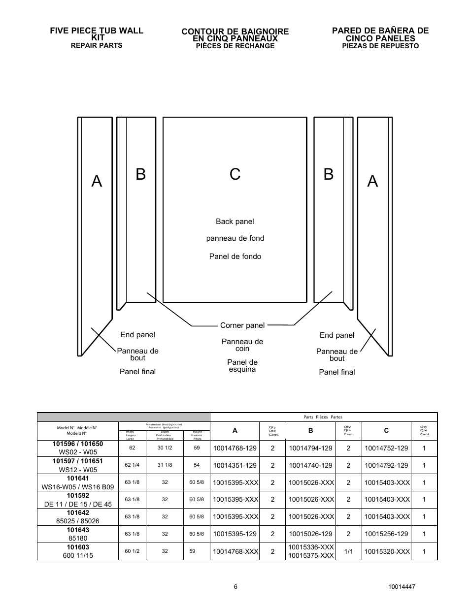 Ab b c, Pared de bañera de cinco paneles, Contour de baignoire en cinq panneaux | Five piece tub wall kit | MAAX 59 SUEZ User Manual | Page 6 / 12