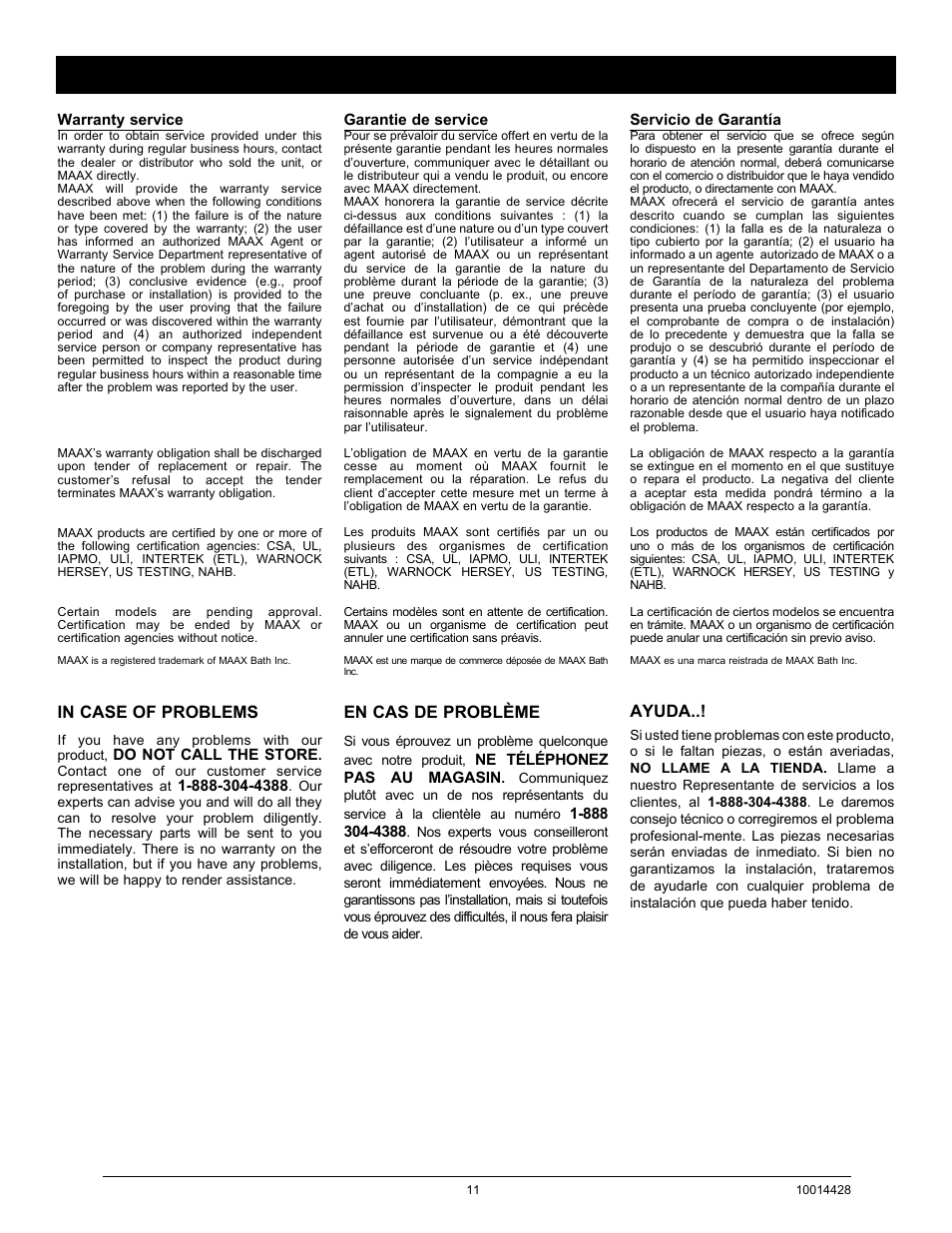 En cas de problème, Ayuda | MAAX 80 PARISIENNE PLUS User Manual | Page 11 / 12
