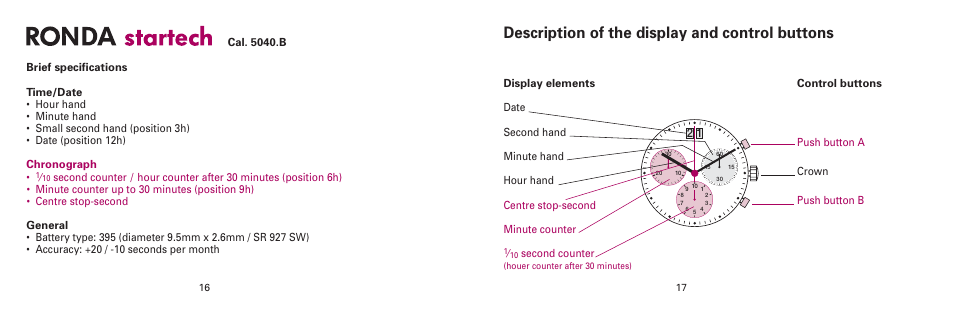 Description of the display and control buttons, Second counter, Control buttons push button a crown push button b | Continental Startech 5040 User Manual | Page 2 / 7
