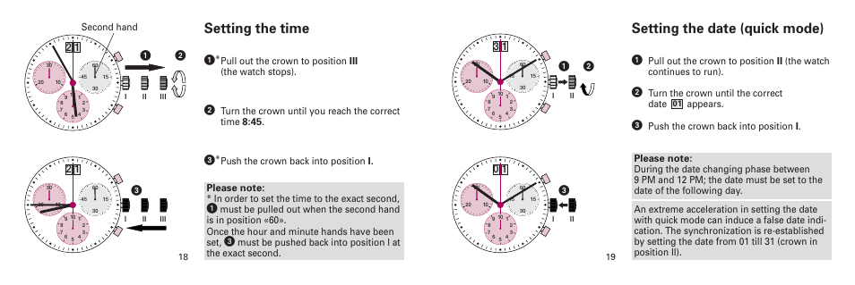 Setting the date (quick mode), Setting the time, Turn the crown until the correct date appears | Push the crown back into position i | Continental Startech 5040 User Manual | Page 3 / 7