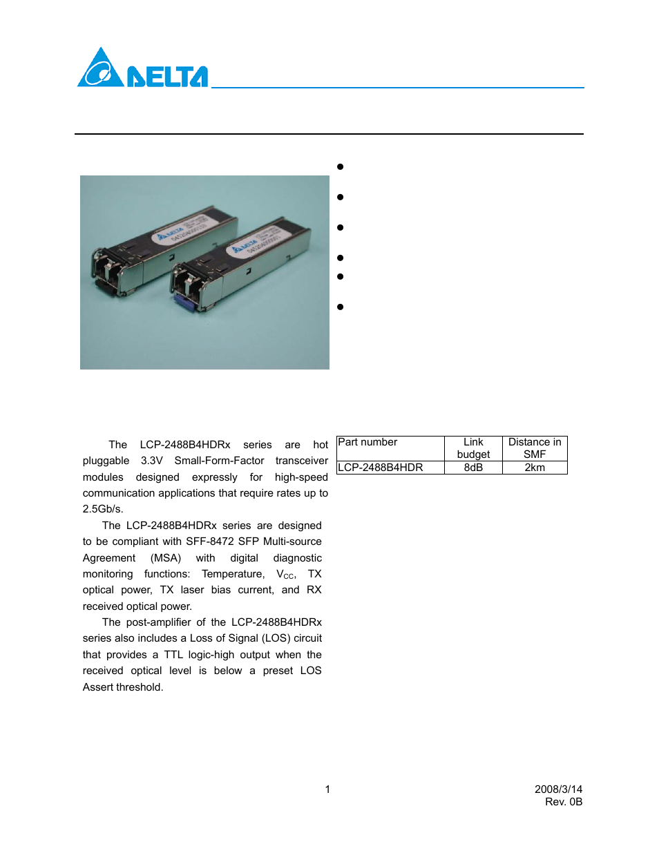Delta Electronics SFP Transceiver LCP-2488B4HDRx User Manual | 13 pages