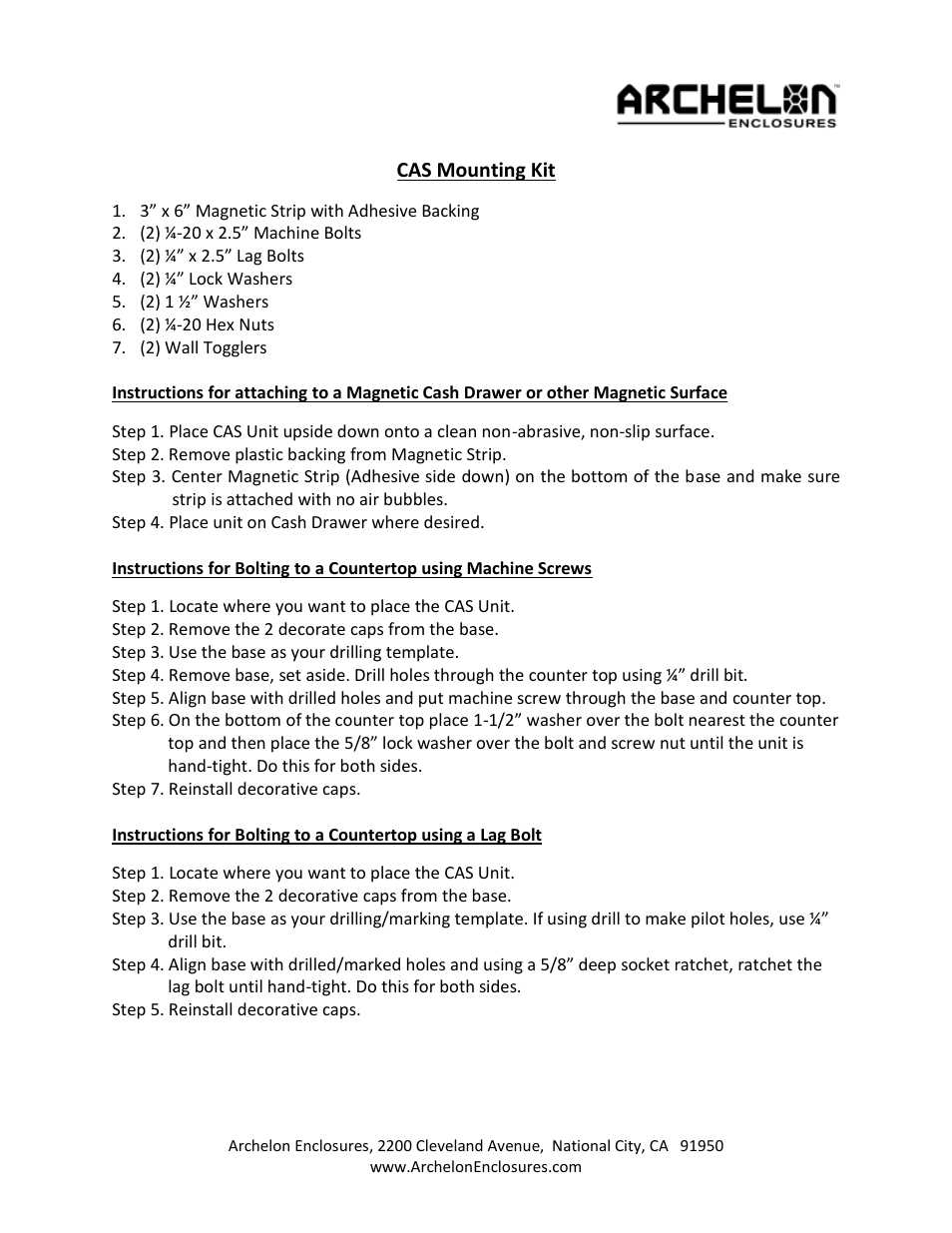 Archelon CAS User Manual | 2 pages