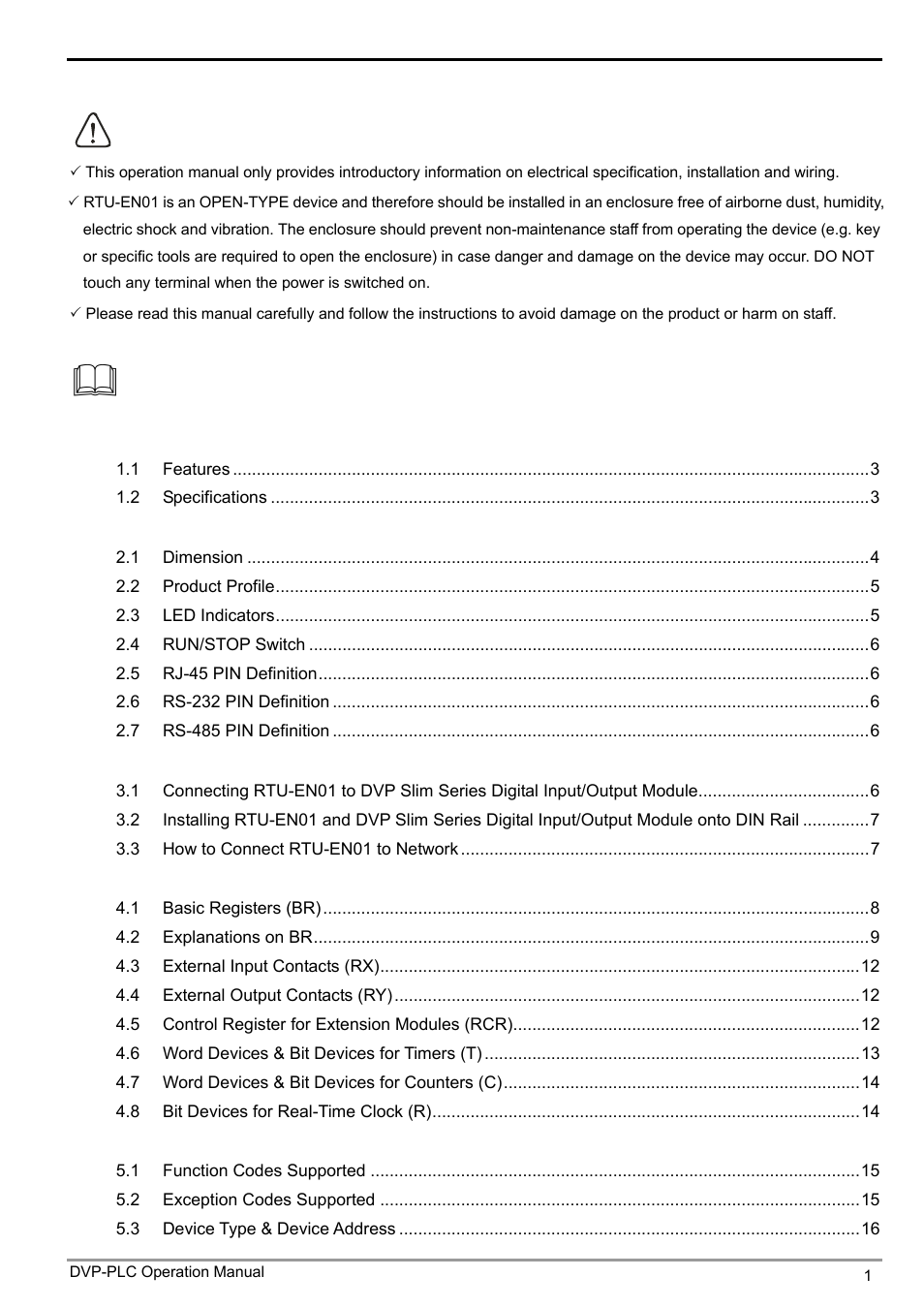 Introduction, Table of content | Delta Electronics Modbus TCP Remote I/O Communication Module RTU-EN01 User Manual | Page 3 / 52