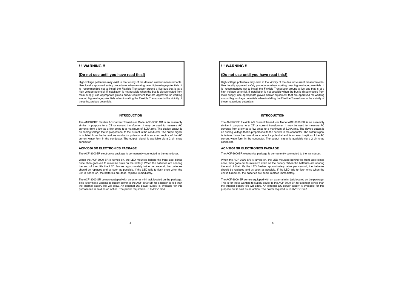 Warning !! (do not use until you have read this!) | Amprobe ACF-3000-SR Current Transducer User Manual | Page 4 / 59