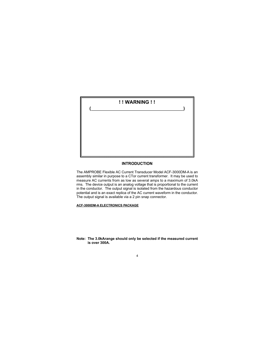 Do not use until you have read this, Warning | Amprobe ACF-3000DM-A Current Transducer User Manual | Page 4 / 12