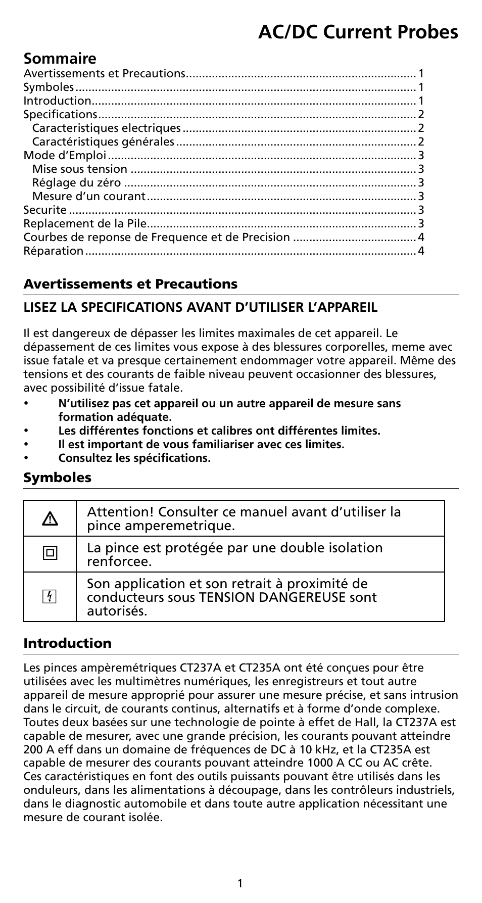 Ac/dc current probes, Sommaire | Amprobe CT235A ACDC-Current-Probes User Manual | Page 17 / 28