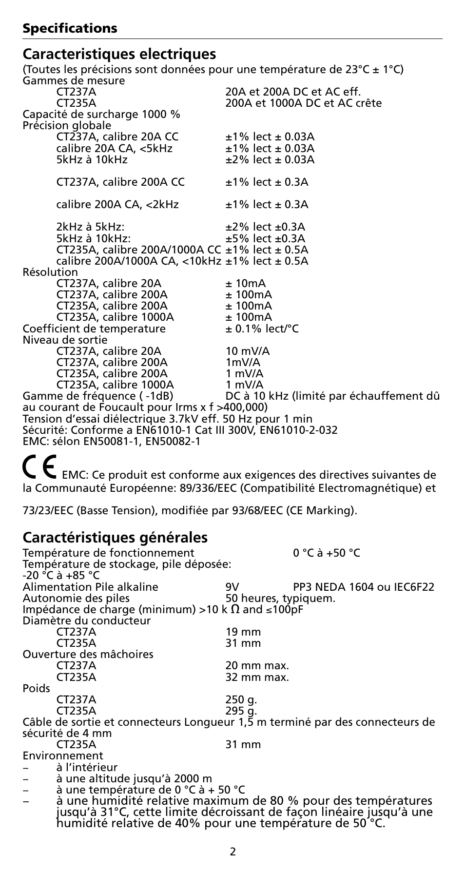 Caracteristiques electriques, Caractéristiques générales | Amprobe CT235A ACDC-Current-Probes User Manual | Page 18 / 28