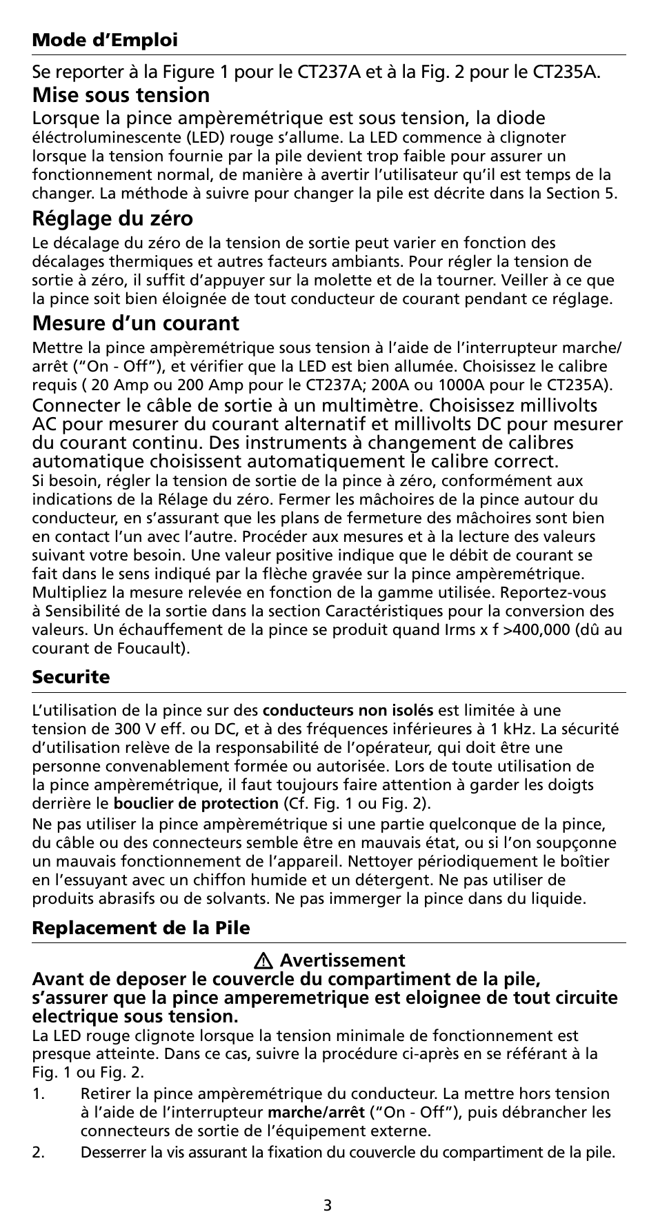 Mise sous tension, Réglage du zéro, Mesure d’un courant | Amprobe CT235A ACDC-Current-Probes User Manual | Page 19 / 28