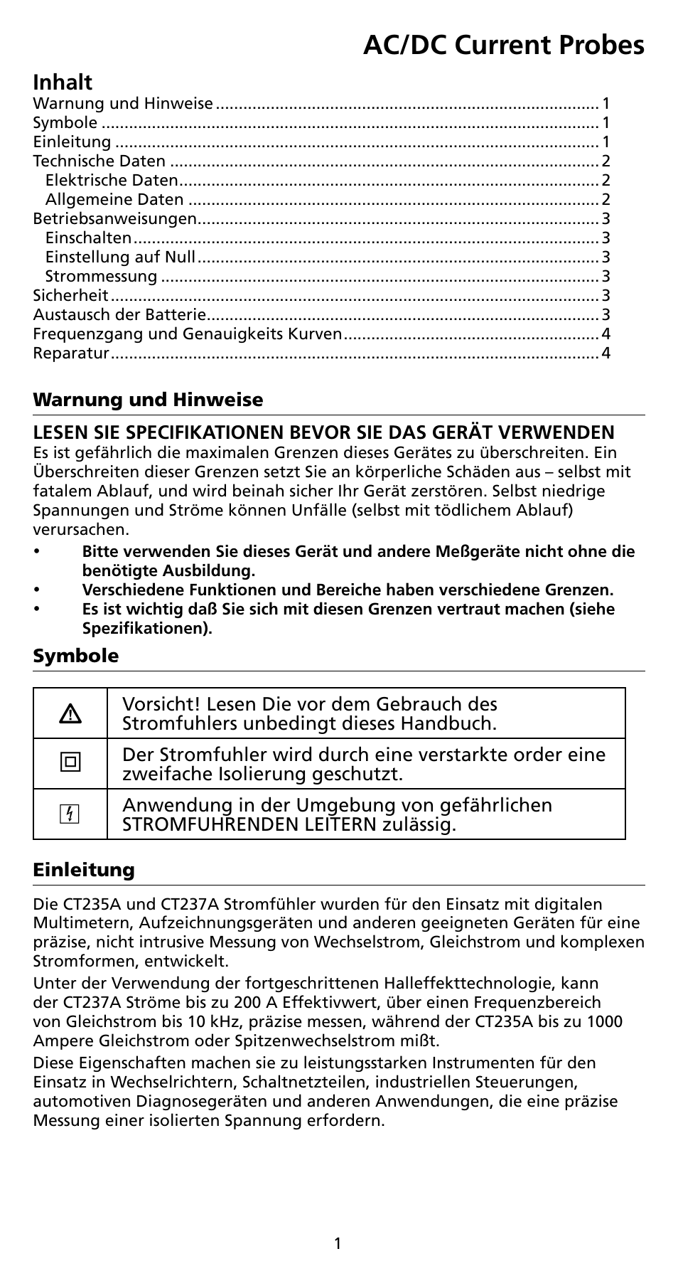 Ac/dc current probes, Inhalt | Amprobe CT235A ACDC-Current-Probes User Manual | Page 23 / 28