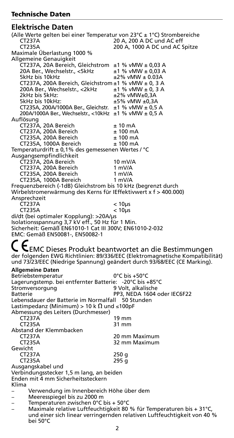 Elektrische daten, Emc dieses produkt beantwortet an die bestimmungen | Amprobe CT235A ACDC-Current-Probes User Manual | Page 24 / 28