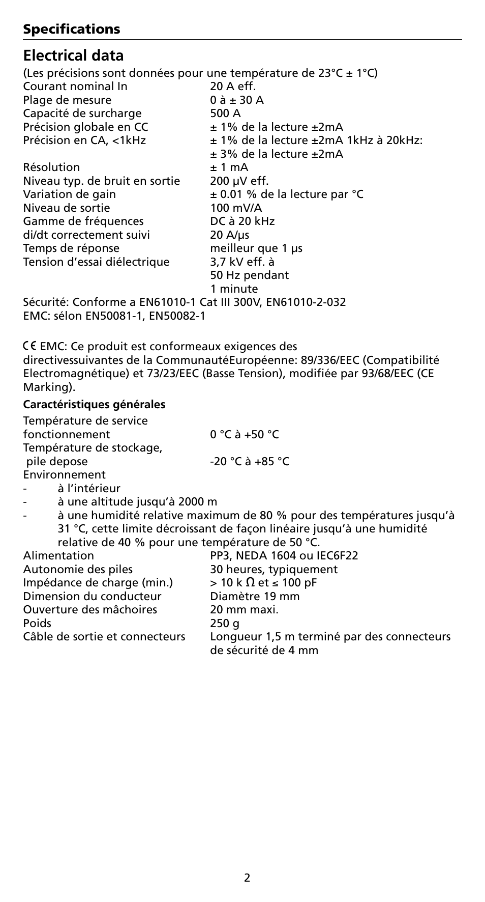 Electrical data | Amprobe CT238A ACDC-Current-Probe User Manual | Page 18 / 28