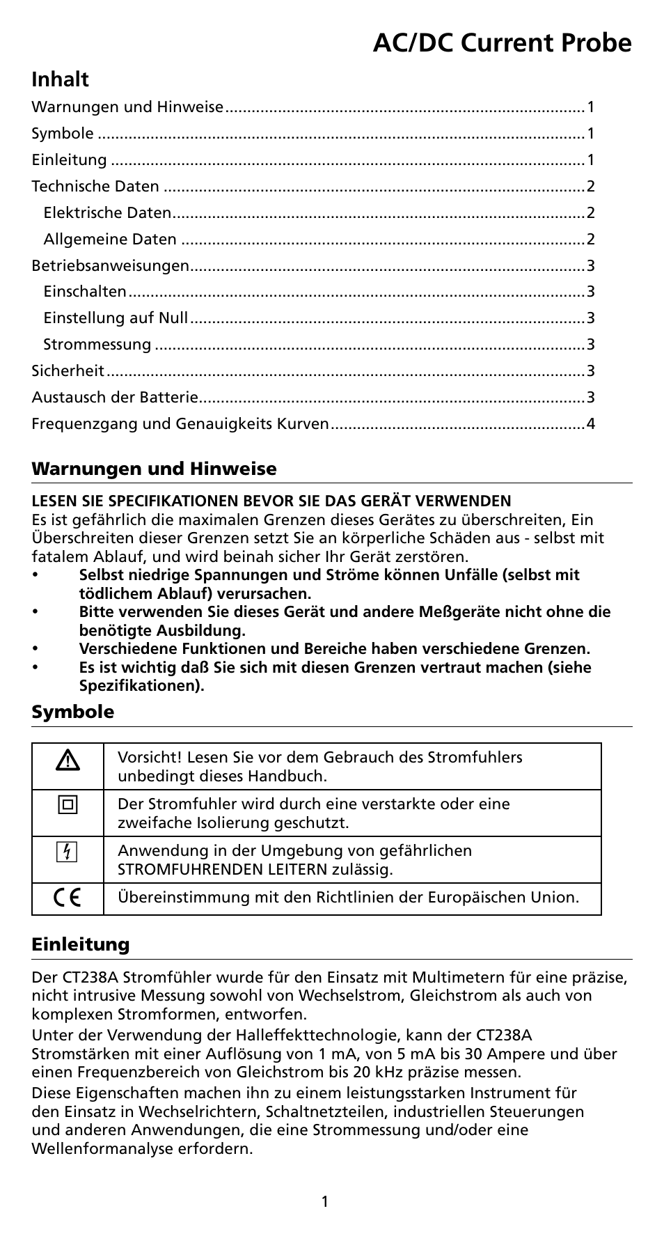 Ac/dc current probe, Inhalt | Amprobe CT238A ACDC-Current-Probe User Manual | Page 23 / 28