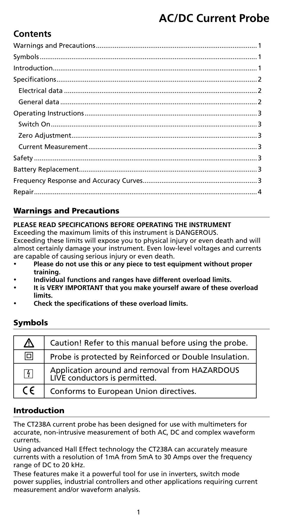 Ac/dc current probe | Amprobe CT238A ACDC-Current-Probe User Manual | Page 7 / 28