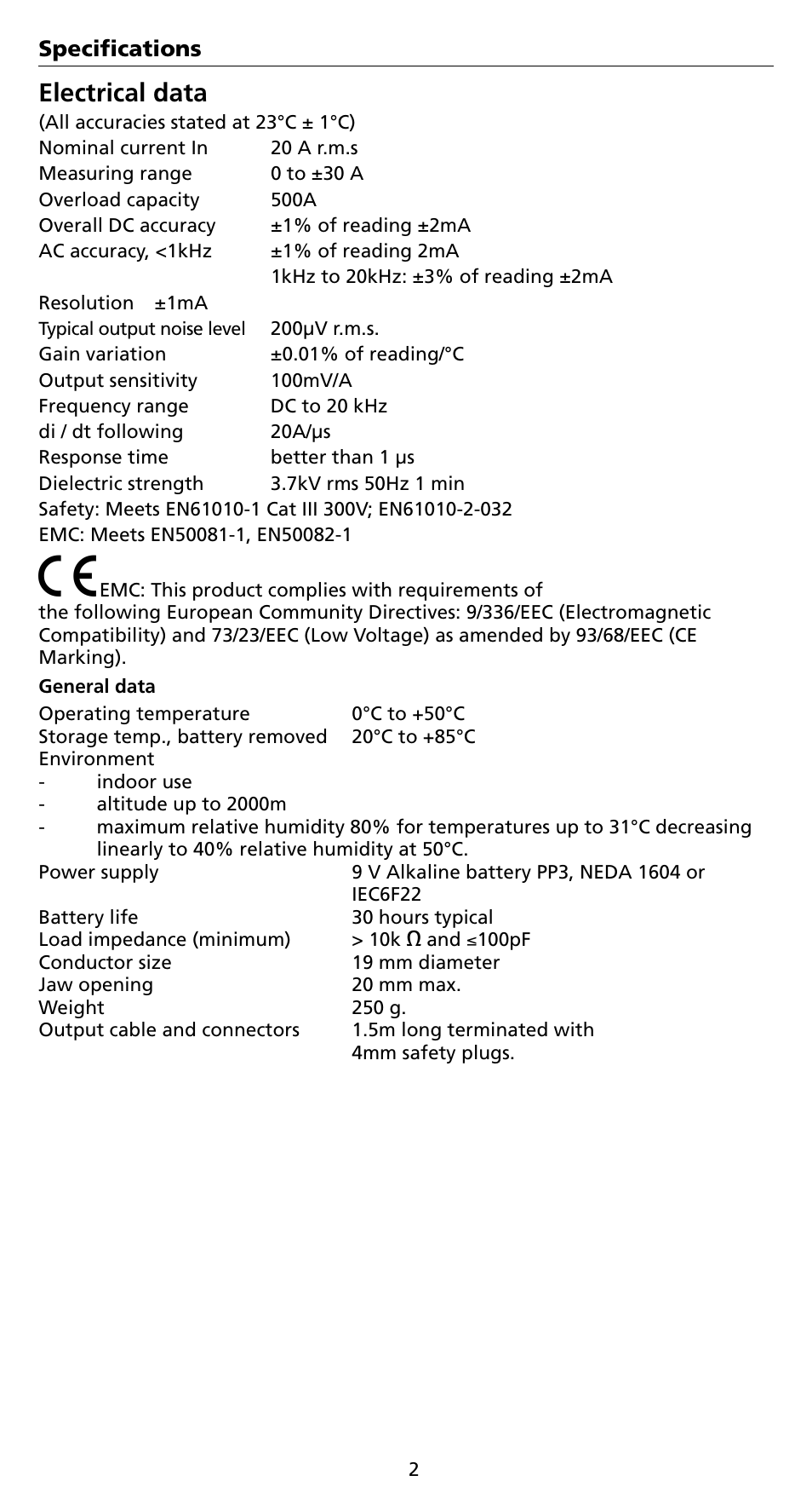 Electrical data | Amprobe CT238A ACDC-Current-Probe User Manual | Page 8 / 28
