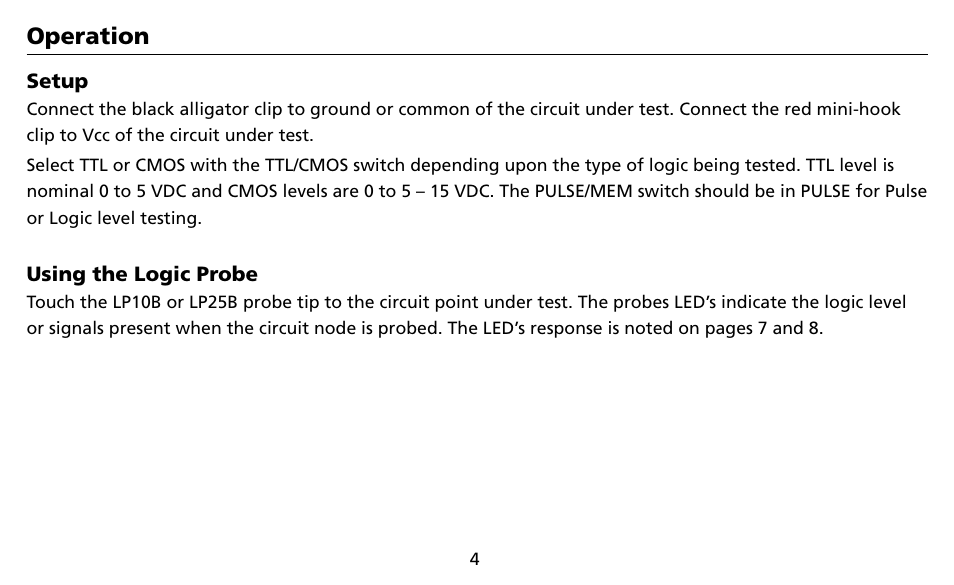 Operation | Amprobe LP10B Logic-Probes User Manual | Page 8 / 18