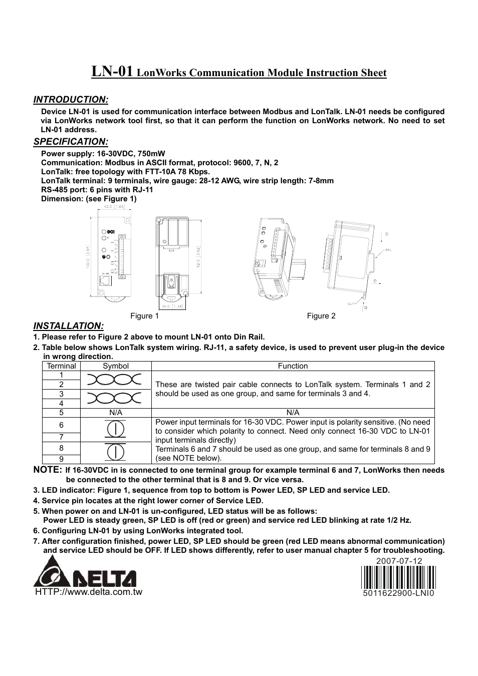 Delta Electronics LonWorks Communication Module LN-01 User Manual | 1 page