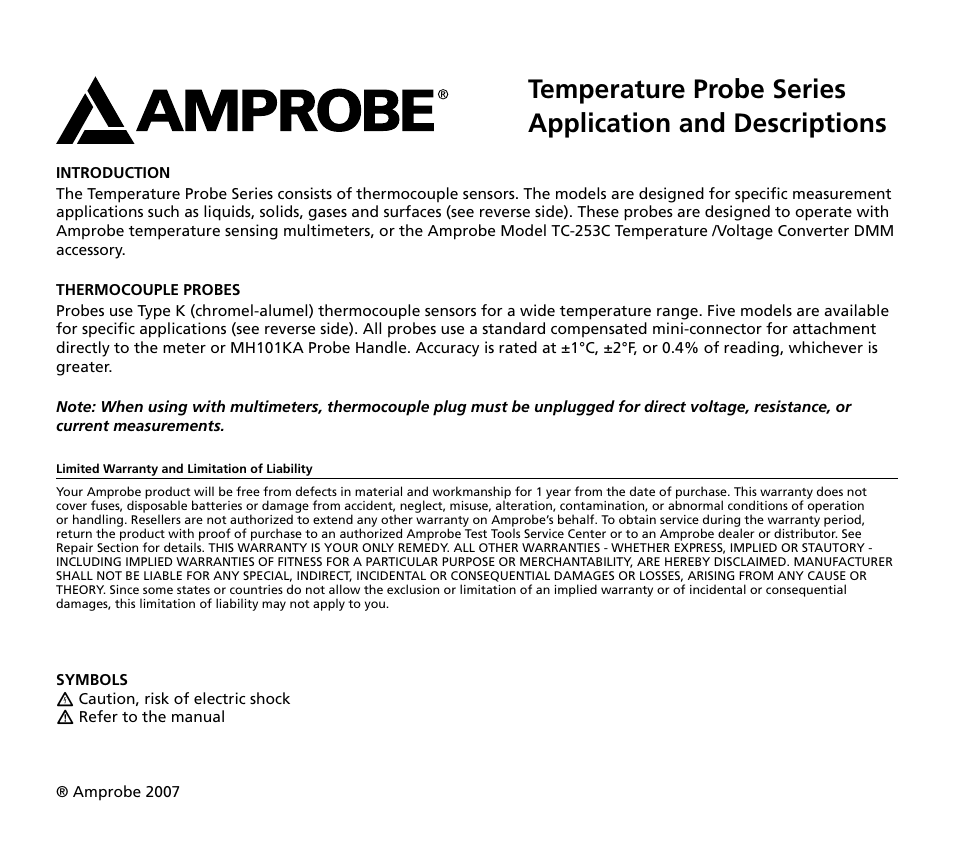 Amprobe MH101K Temperature-Probe-Series User Manual | 2 pages