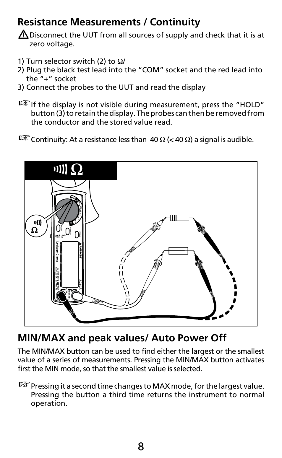 Resistance measurements / continuity, Min/max and peak values/ auto power off | Amprobe AC50A User Manual | Page 10 / 78