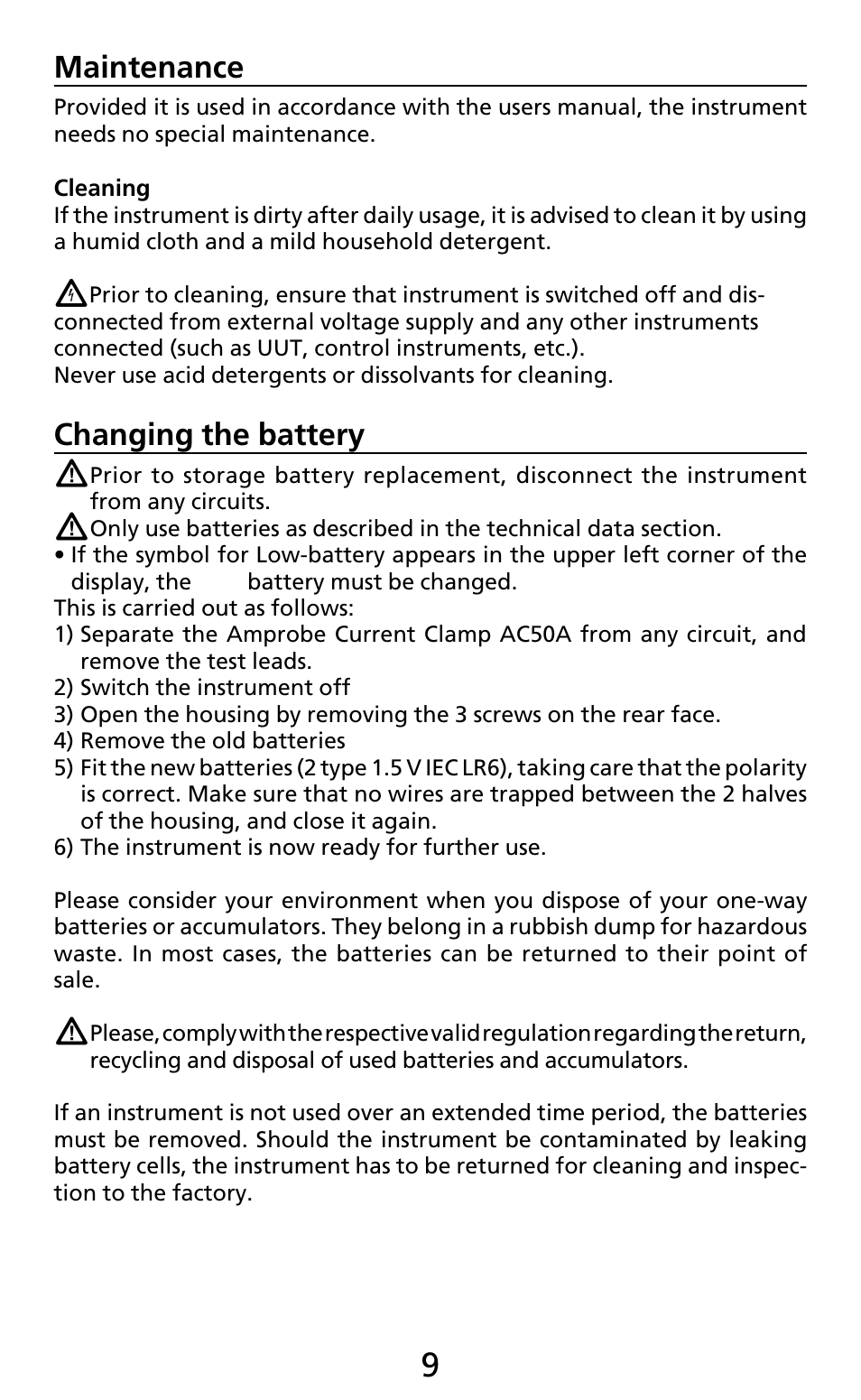 Maintenance, Changing the battery | Amprobe AC50A User Manual | Page 11 / 78