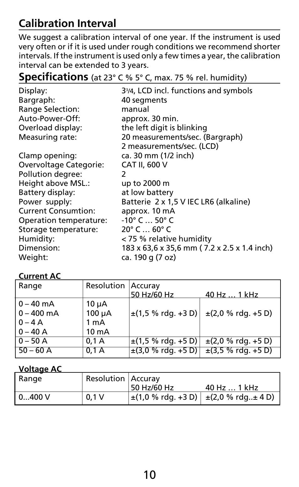 Calibration interval, Specifications | Amprobe AC50A User Manual | Page 12 / 78