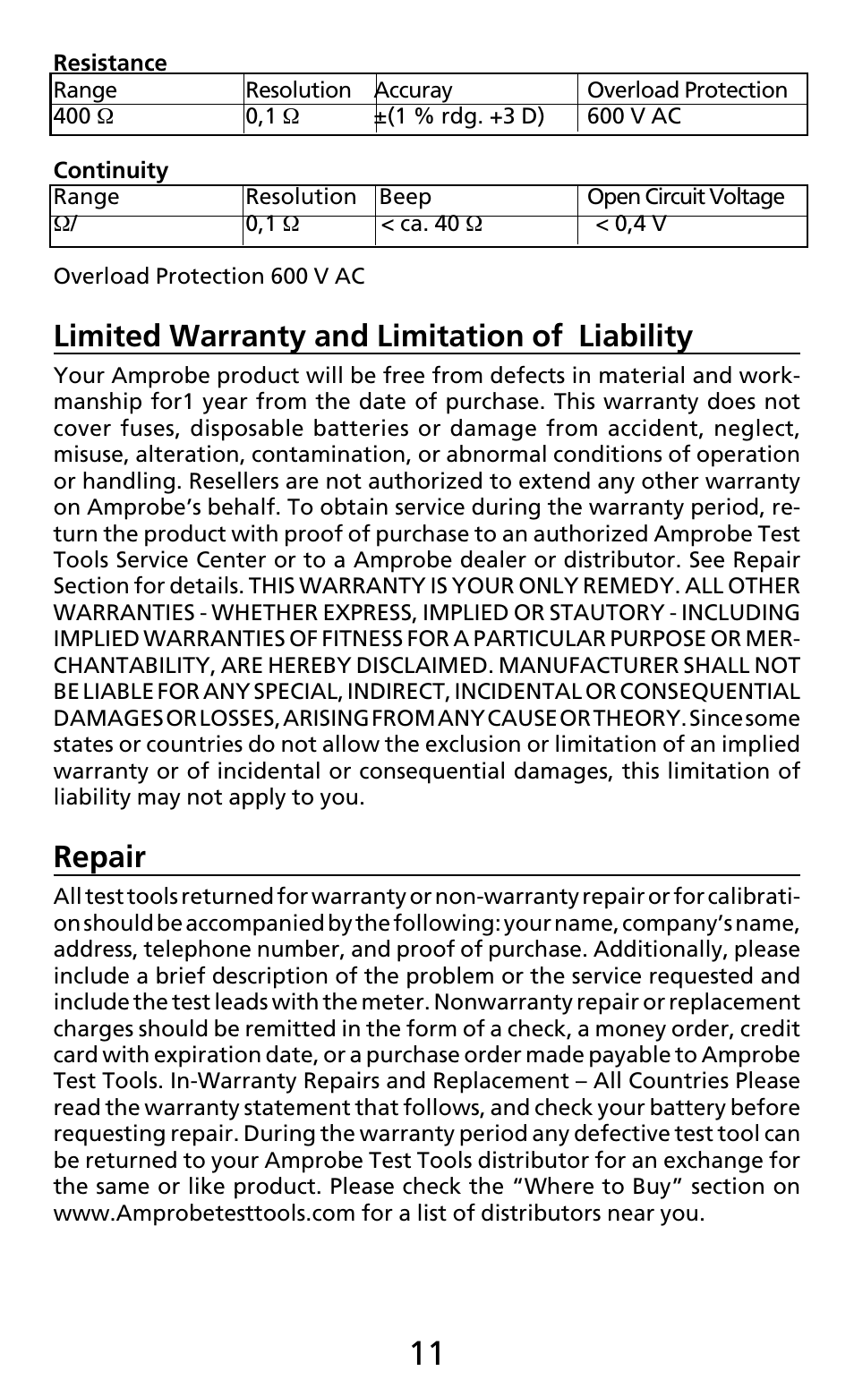 Limited warranty and limitation of liability, Repair | Amprobe AC50A User Manual | Page 13 / 78