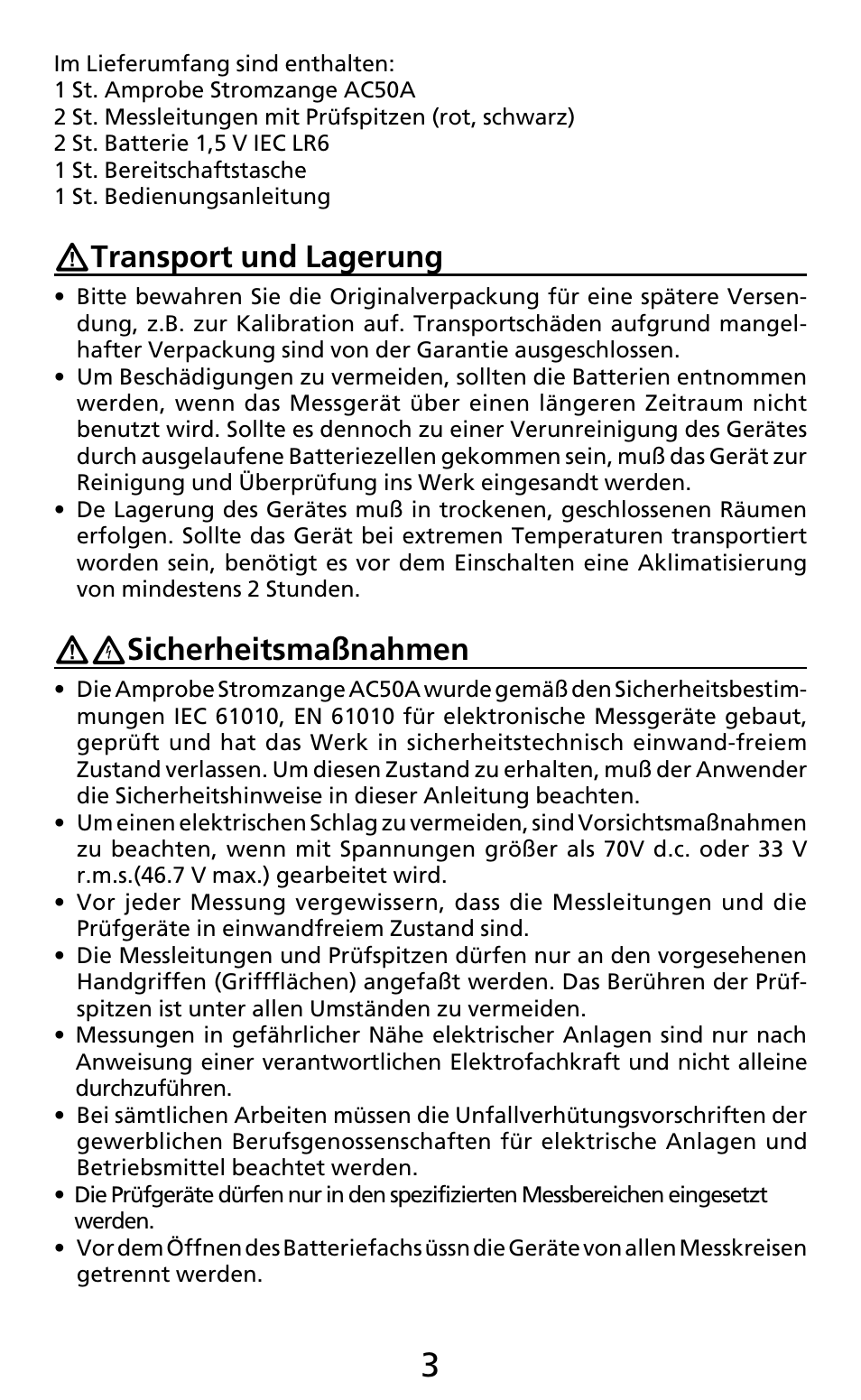 Transport und lagerung, Sicherheitsmaßnahmen | Amprobe AC50A User Manual | Page 18 / 78