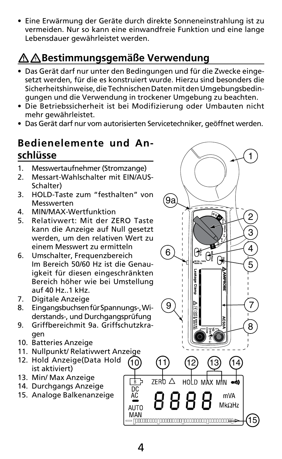 Bestimmungsgemäße verwendung, Bedienelemente und an- schlüsse | Amprobe AC50A User Manual | Page 19 / 78