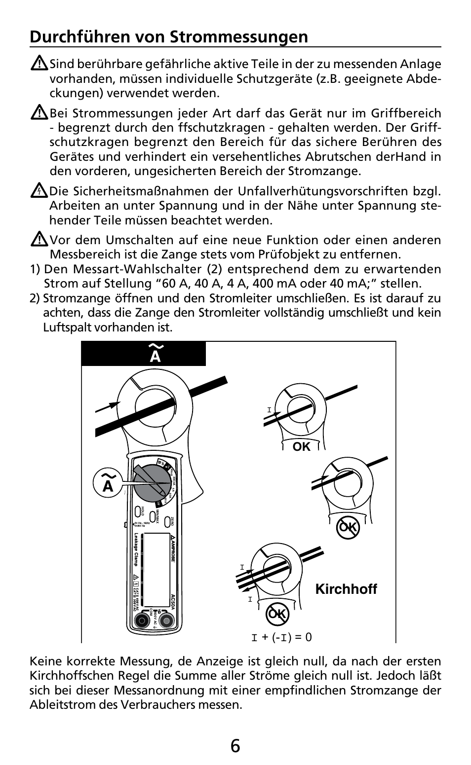 Durchführen von strommessungen, Kirchhoff, Ok i + (- i) = 0 | Amprobe AC50A User Manual | Page 21 / 78