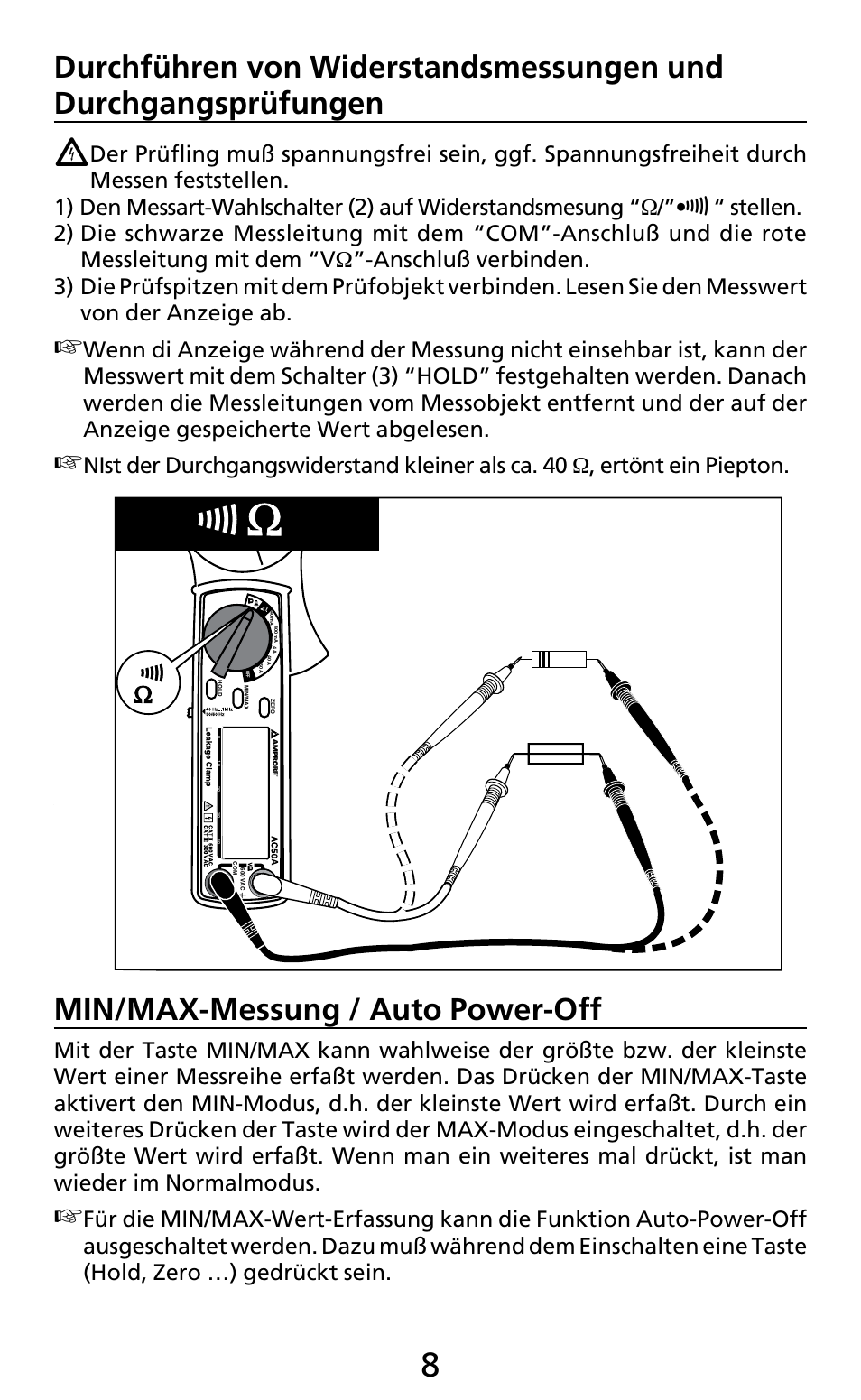 Min/max-messung / auto power-off | Amprobe AC50A User Manual | Page 23 / 78